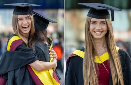 Two images of a young woman at a graduation ceremony. In the first image, she is hugging someone and smiling broadly. In the second image, she poses confidently, smiling at the camera, wearing a graduation cap and gown with a colourful stole.