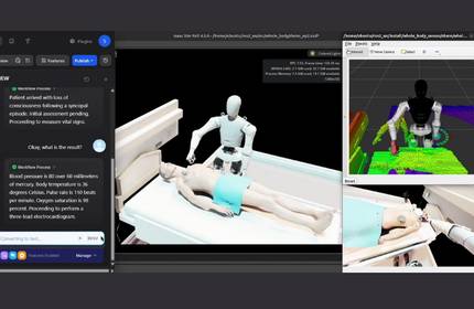A screen showing computer generated images of a robot interacting with a patient on a hospital bed.
