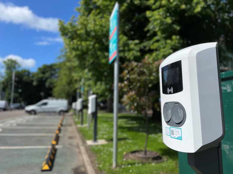 An electric vehicle charger in a card park on Cardiff Met campus