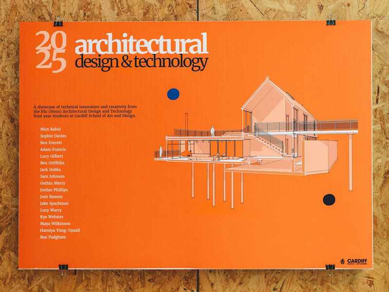 Close-up of a poster showing a plan elevation of a building. The poster includes the text 2025 Architectural Design & Technology, followed by a list of names.