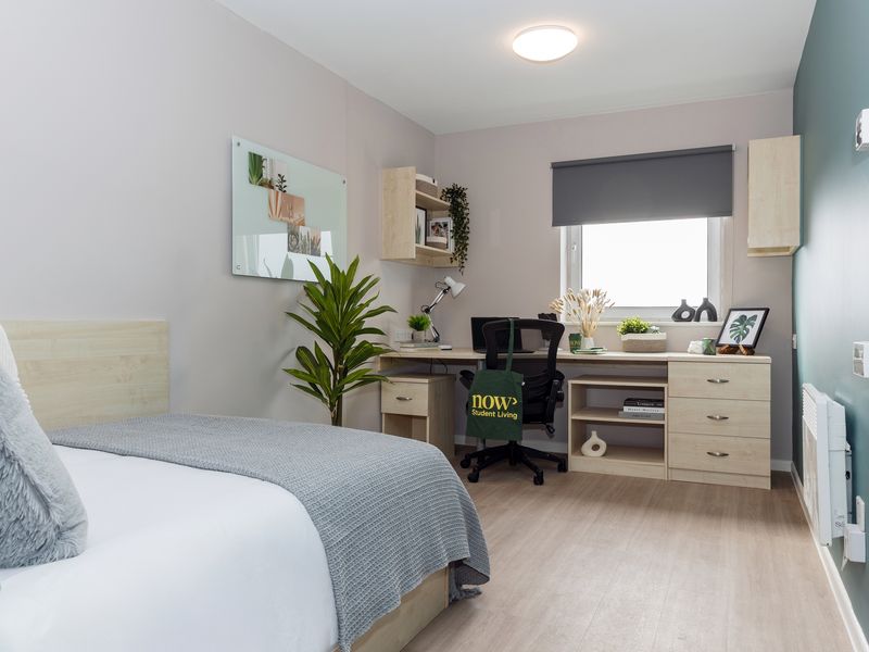 A student bedroom with bed and large study desk