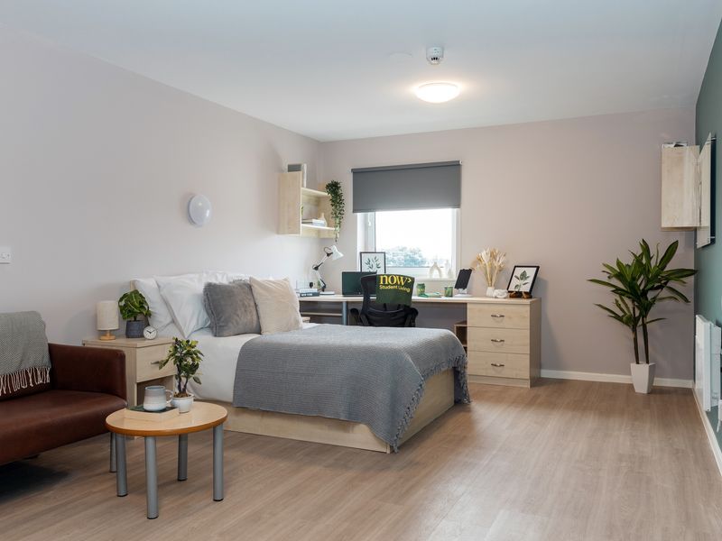A large open bedroom complete with bed, study desk and sofa