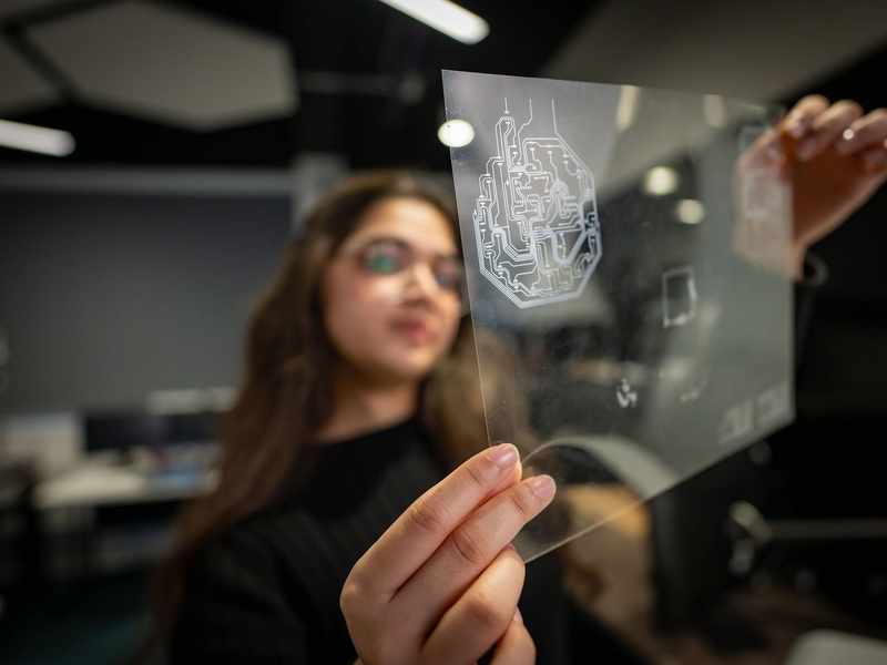 A person holds a small transparent sheet, etched with electronic circuits.