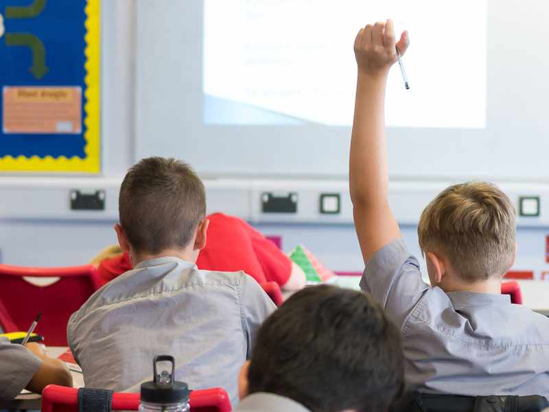 Two pupils are sitting in a classroom. One pupil has his hand raised.