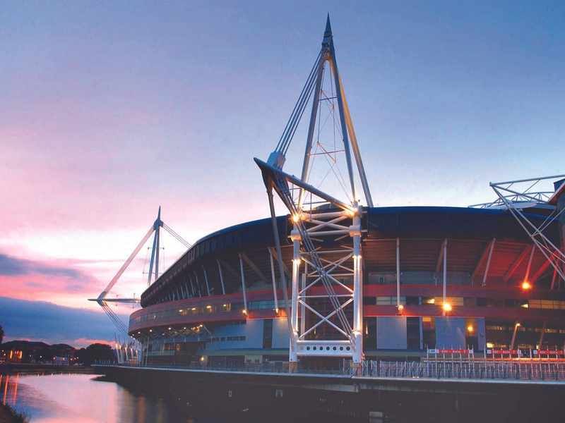 The Principality Stadium in Cardiff, viewed from the River Taff.