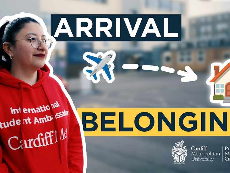 A woman in a red hoodie stands looking into the distance alongside text that reads 'Arrival to Belonging' alongside airplane and house emojis