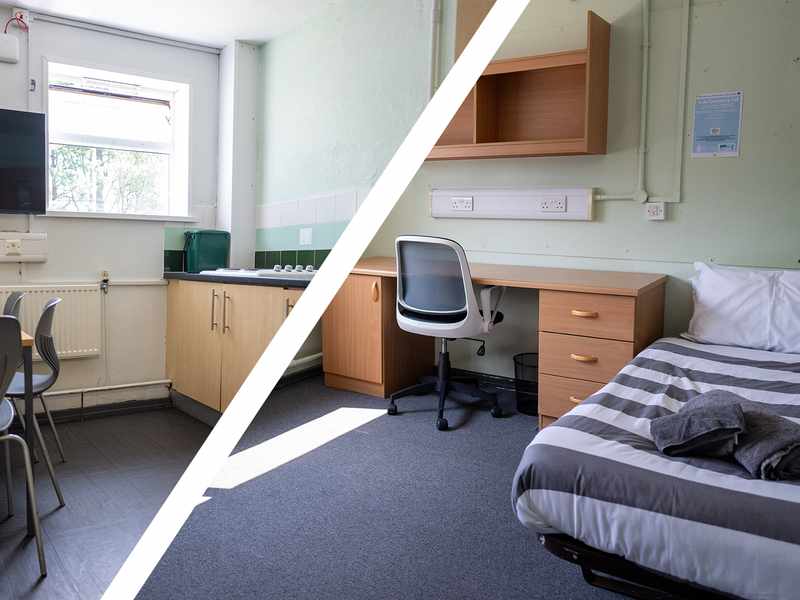 Split image of a room featuring a bed, desk, and chair, and shared kitchen at Cyncoed Campus.