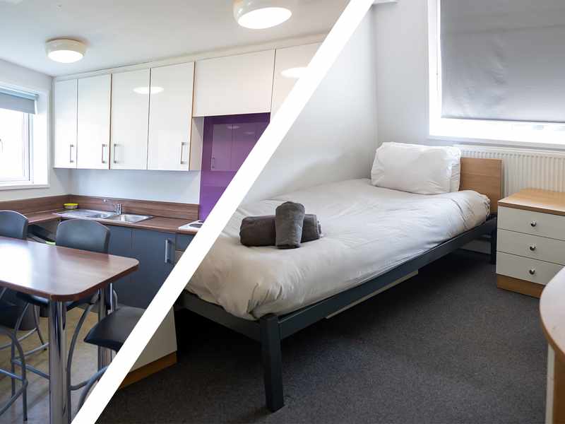 Split images of a room featuring a bed, desk, and chair, and kitchen at Cyncoed Campus.