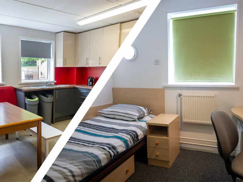 Split image of a room featuring a bed, desk, and chair, and shared kitchen at Plas Gwyn.