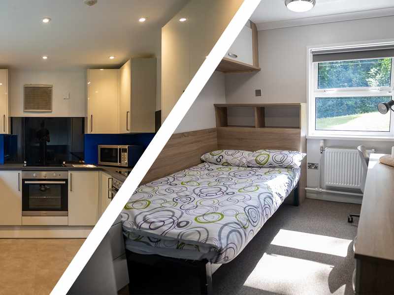 A split image featuring a modern kitchen on one side and a cozy bedroom on the other, showcasing Plas Gwyn Self-Catered Ensuite Premium