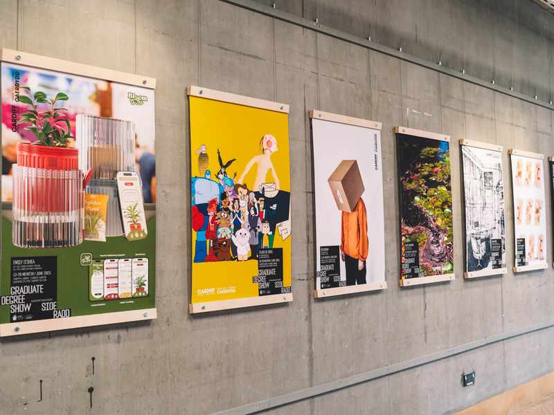 A row of Cardiff School of Art and Design posters