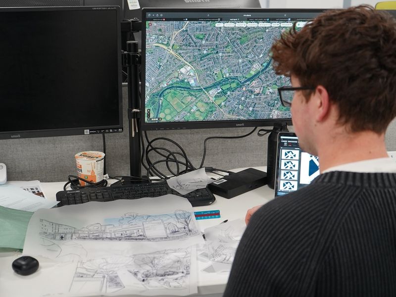A young man analyses a computer screen and accompanying architecture plans at a desk