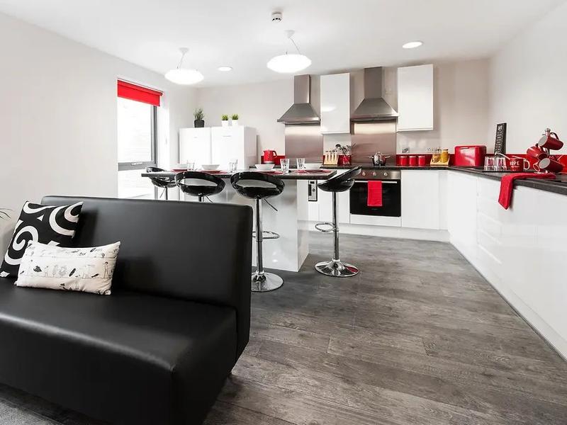 A view of a shared living and kitchen room with red decor