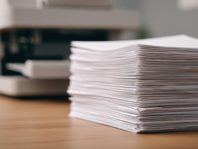 A stack of white paper in front of a printer
