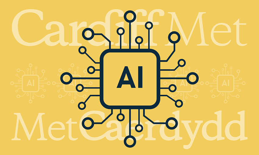A computer chip with the letters AI written at the centre plus the bilingual Cardiff Met logo in the background