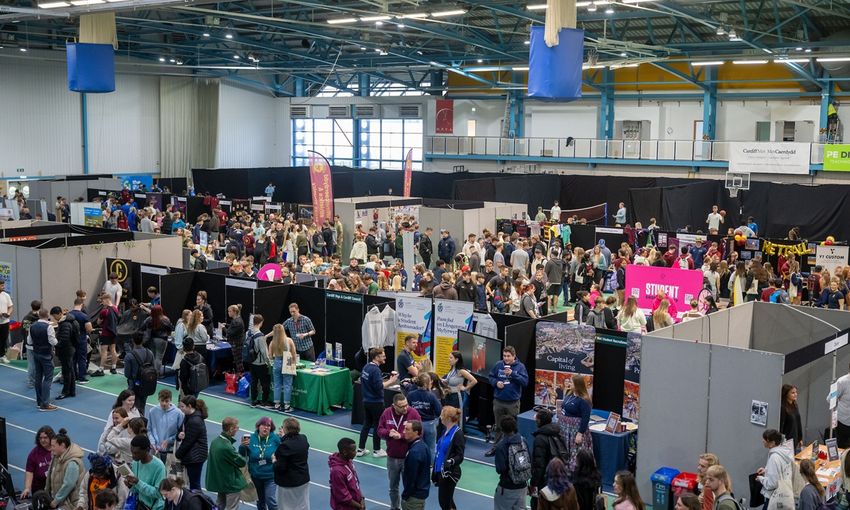 An aerial view of the Cardiff Met freshers' fair in the National Indoor Athletics Centre