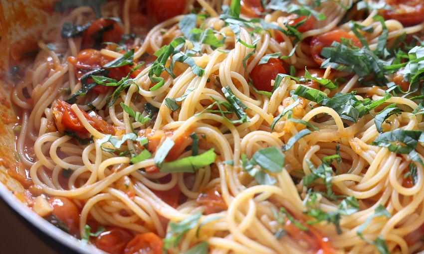 Plant-based spaghetti meal in a pan