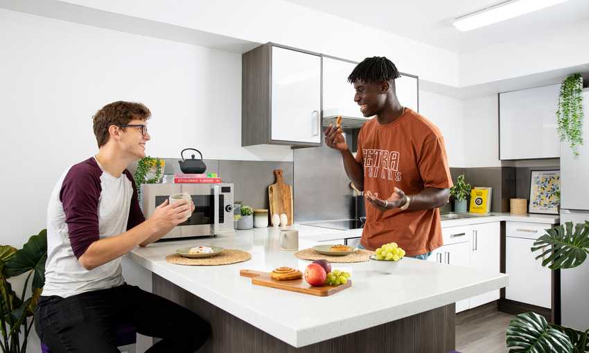 Two young men talk while eating at a kitchen counter island
