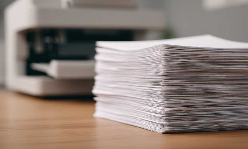 A stack of white paper in front of a printer