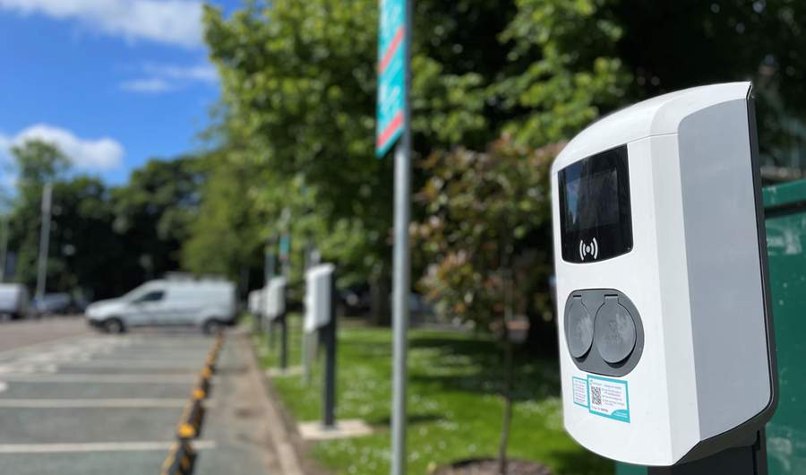 An electric vehicle charger in a card park on Cardiff Met campus