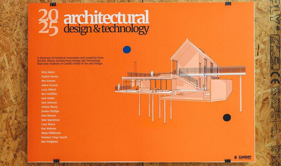 Close-up of a poster showing a plan elevation of a building. The poster includes the text 2025 Architectural Design & Technology, followed by a list of names.