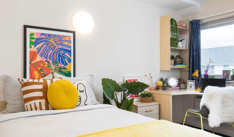 A large student accommodation bedroom with bed and study desk
