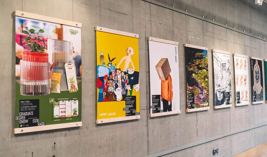 A row of Cardiff School of Art and Design posters