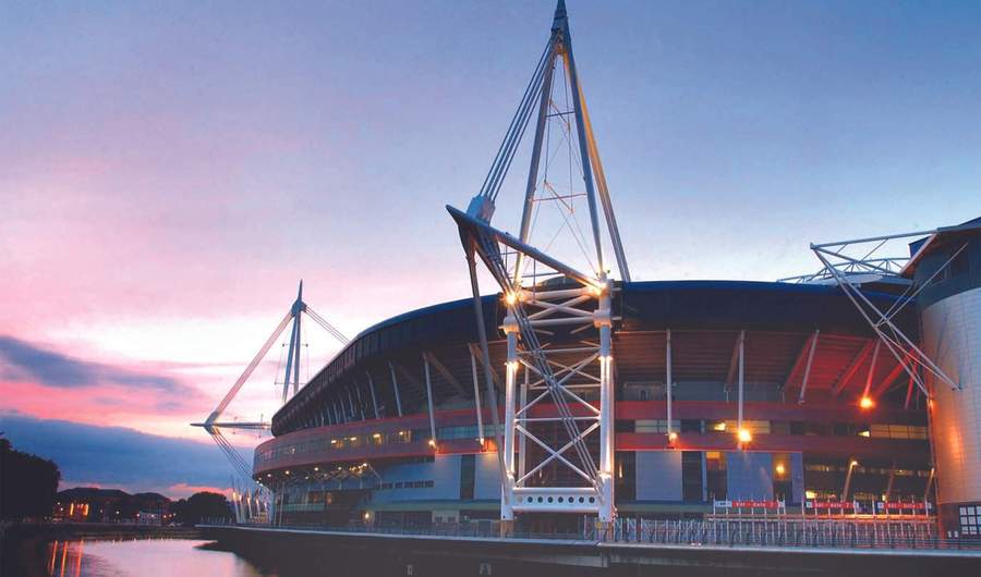 The Principality Stadium in Cardiff, viewed from the River Taff.