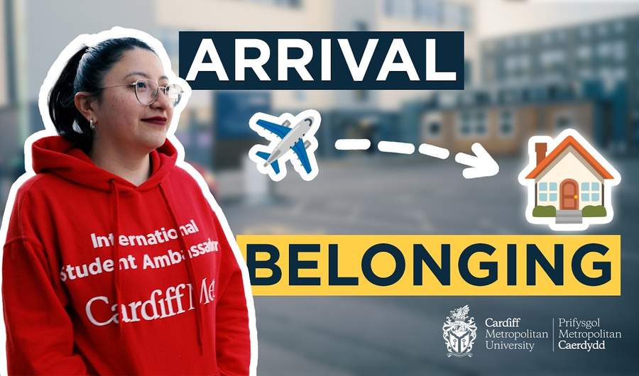 A woman in a red hoodie stands looking into the distance alongside text that reads 'Arrival to Belonging' alongside airplane and house emojis