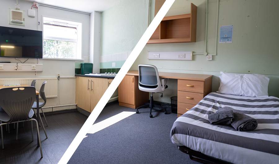Split image of a room featuring a bed, desk, and chair, and shared kitchen at Cyncoed Campus.