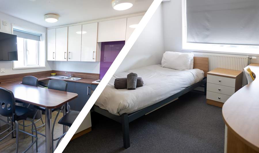 Split images of a room featuring a bed, desk, and chair, and kitchen at Cyncoed Campus.