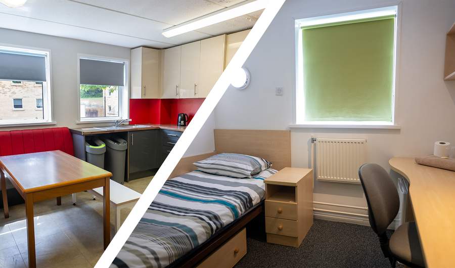 Split image of a room featuring a bed, desk, and chair, and shared kitchen at Plas Gwyn.