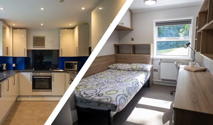 A split image featuring a modern kitchen on one side and a cozy bedroom on the other, showcasing Plas Gwyn Self-Catered Ensuite Premium