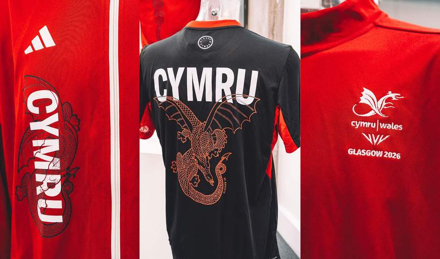 Wales Commonwealth team kit featuring a red jersey with white accents and the Welsh dragon emblem on the chest.