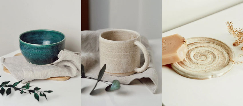 Left to right: ceramic bowl, ceramic mug, and ceramic drinks coaster