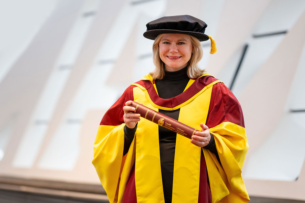 Rt Hon Justine Greening with an Honorary Doctorate from Cardiff Metropolitan University