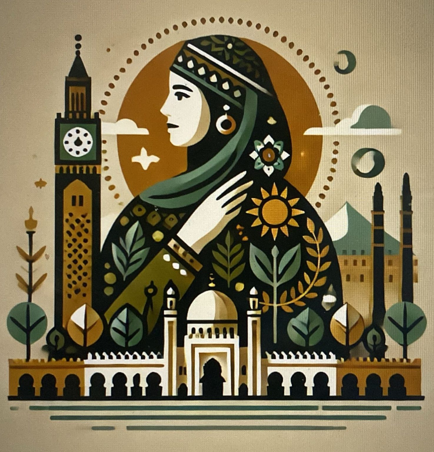 Stylized illustration of a woman in traditional dress with a headscarf, surrounded by buildings, plants, and a clock tower.